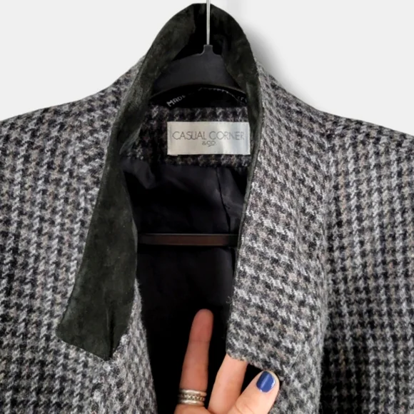 VINTAGE CASUAL CORNER Houndstooth Tweed Blazer Grey - Picture 6 of 17